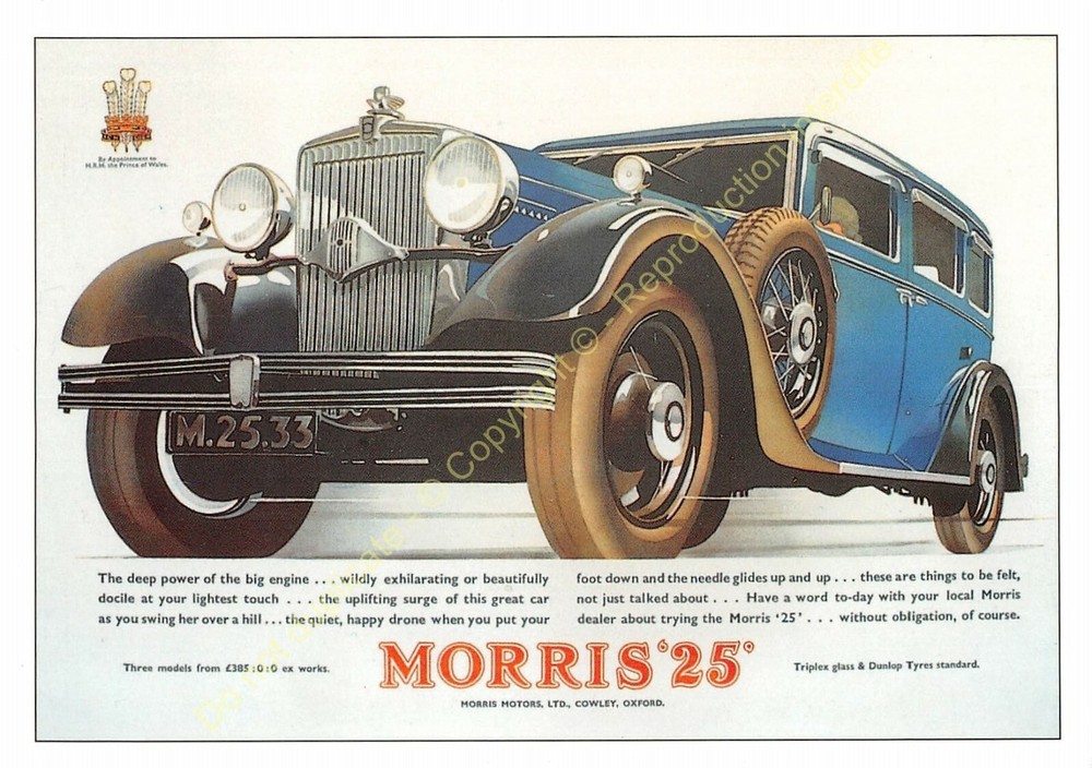 Reproduction Postcard Advertisement Automobile MORRIS 25