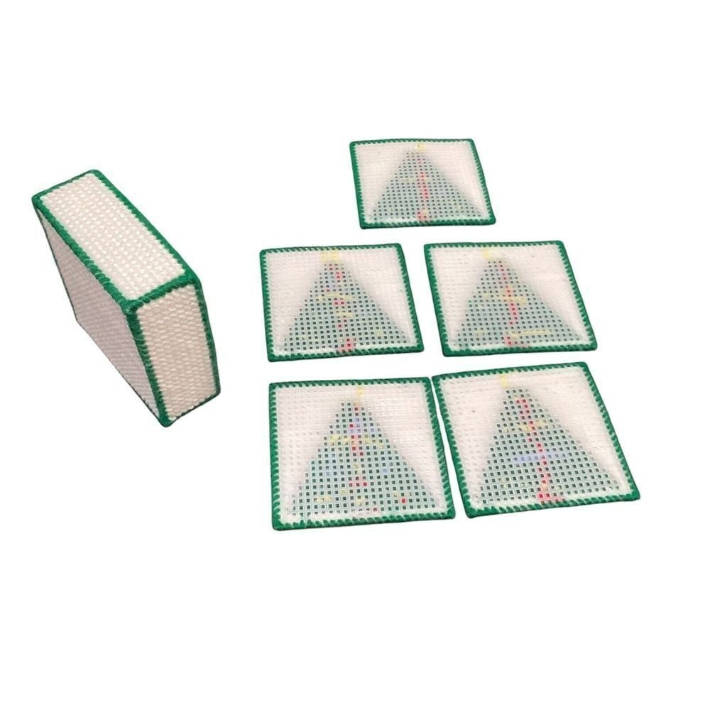 Handmade Plastic Canvas Christmas Tree Tissue Box Cover Coasters Set