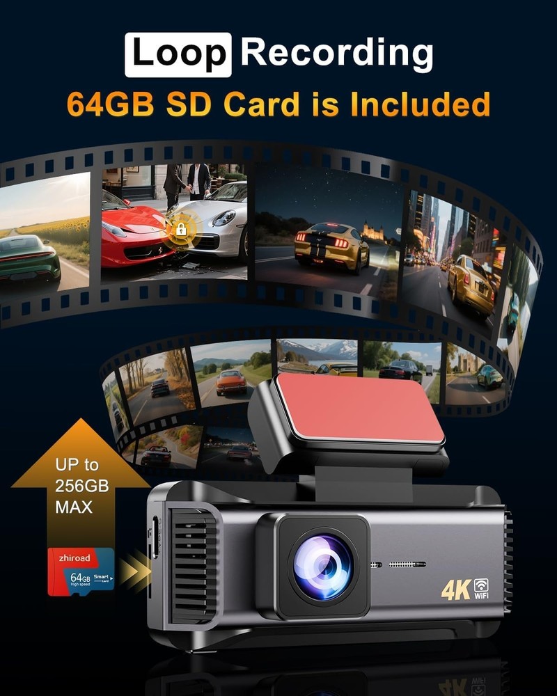 WiFi Enabled 4K Dash Cam with Loop Recording & G-Sensor - Includes 64GB Card