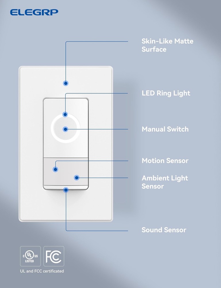 Smart Motion Sensor Switch, 2.4GHz Wi-Fi 3 Way Light Switch Compatible with A...