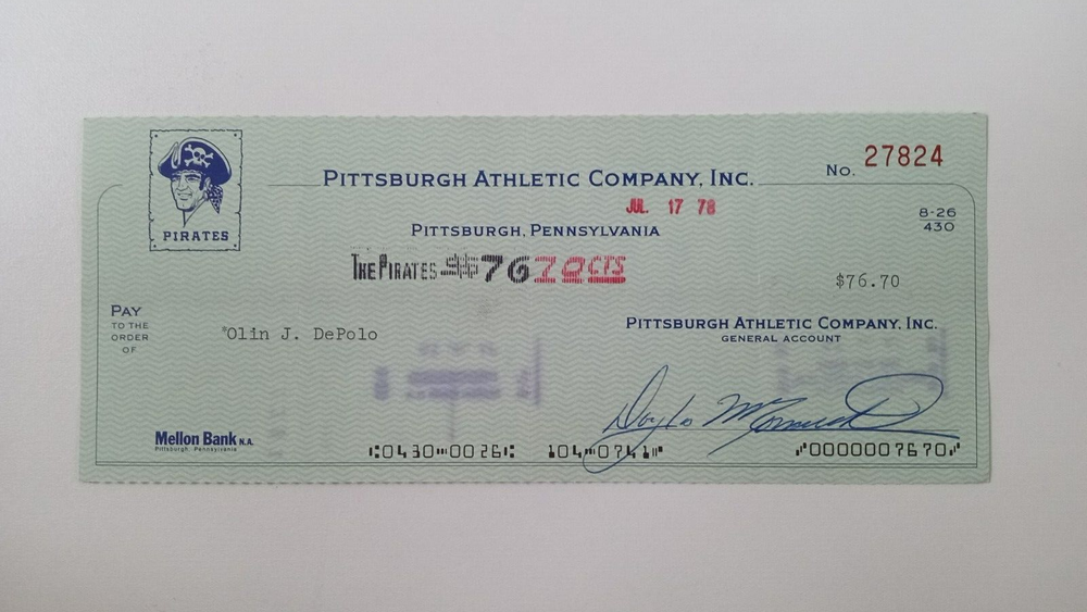 Olin J. DePolo: 1978 Pittsburgh Pirates Expense Check