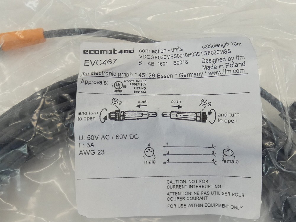 IFM EVC467 Cordset, 10M - NEW Surplus!