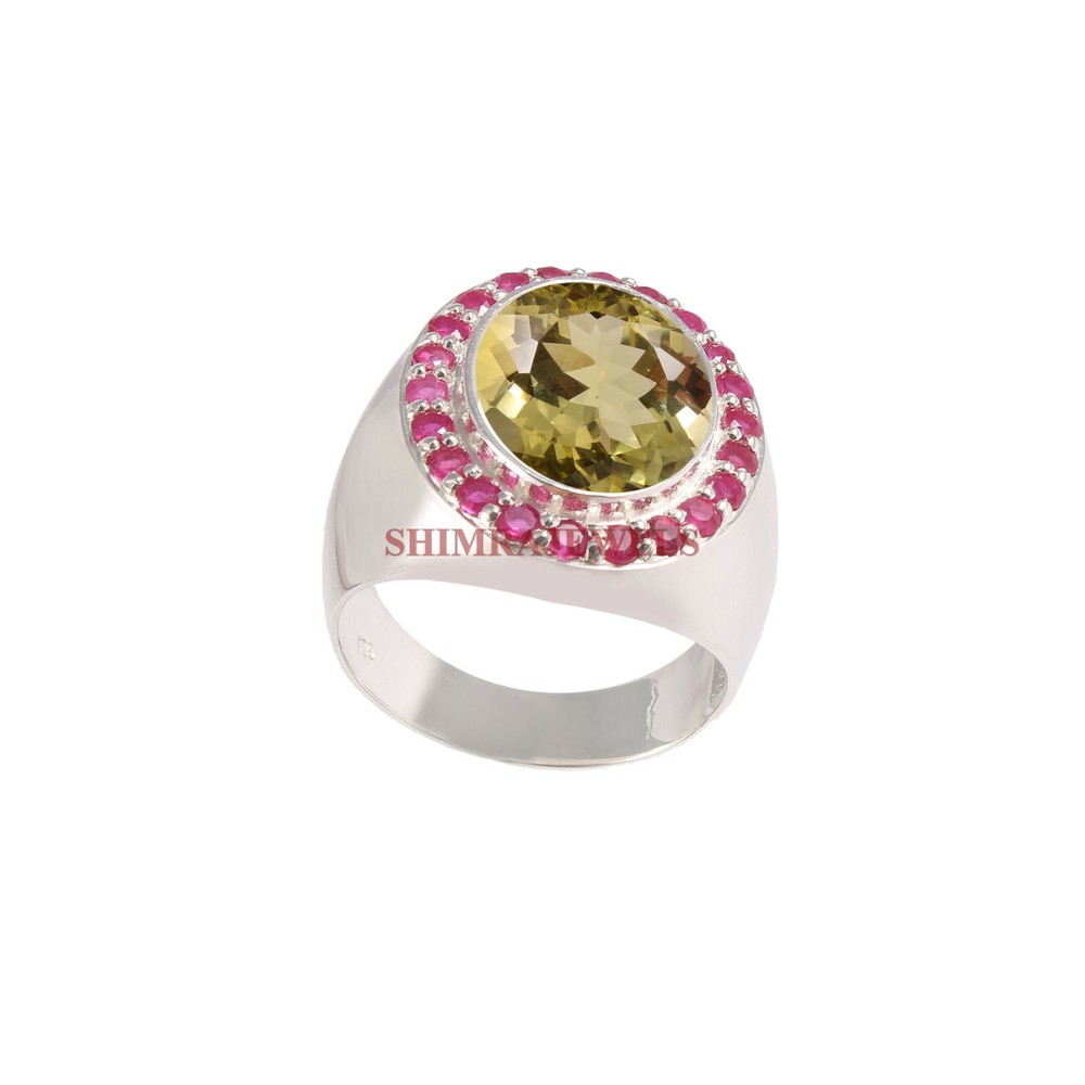 Natural Lemon Quartz & Ruby Gemstone with 925 Sterling Silver Ring for Men's 118