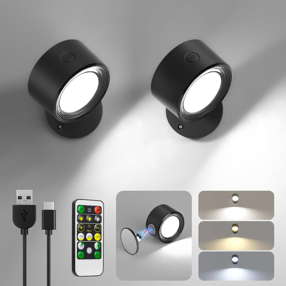 LED Wall Mounted Lights 2 Pcs with Remote, Sconces Lamp 3000Mah Rechargeable ...