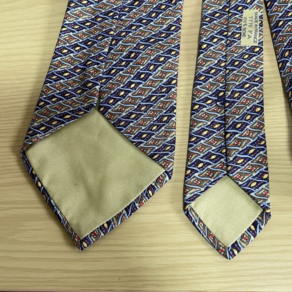HERMES Navy Green Micro Diamond Stripe Pattern Tie