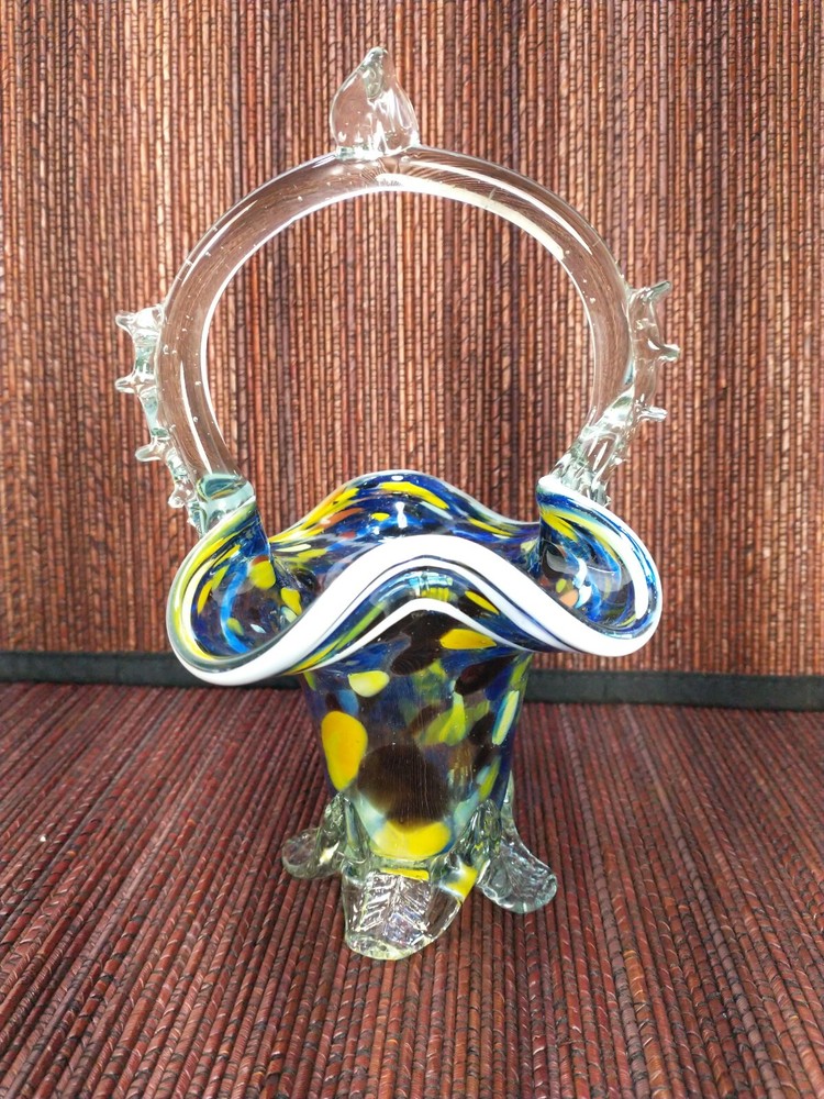 Hand Blown Multi Colored Glass Footed Basket  6.5” Tall
