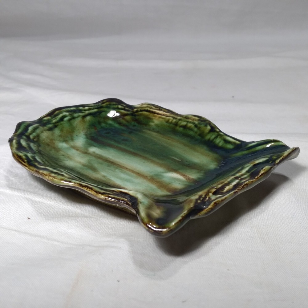 MCM Ashtray Ceramic Green Brown Glaze Handcrafted 5"