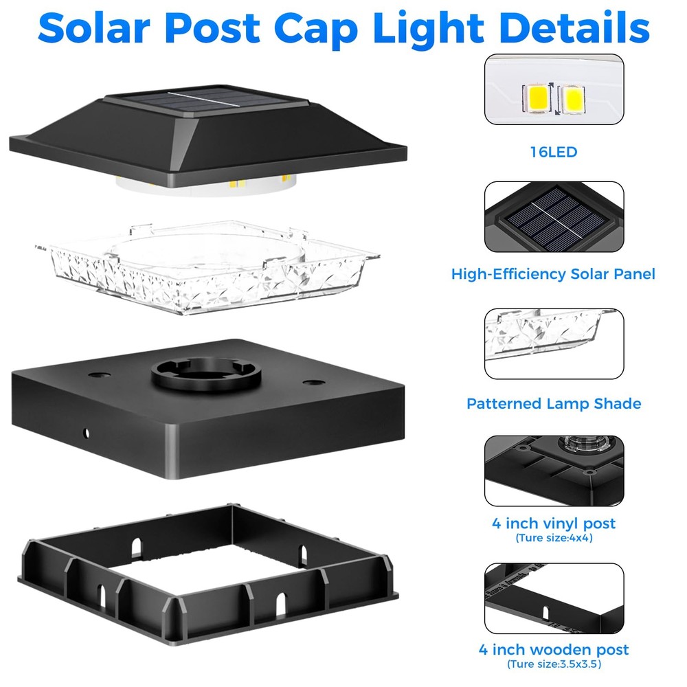 4x4 Solar Post Cap Light 10 Pack, 2 Modes 16 LED Fence Deck Post Lights Water...