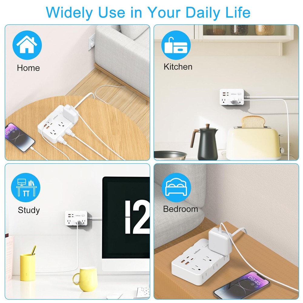 Flat Plug Power Strip Surge Protector, 5ft Ultra Thin Extension 5FT, White