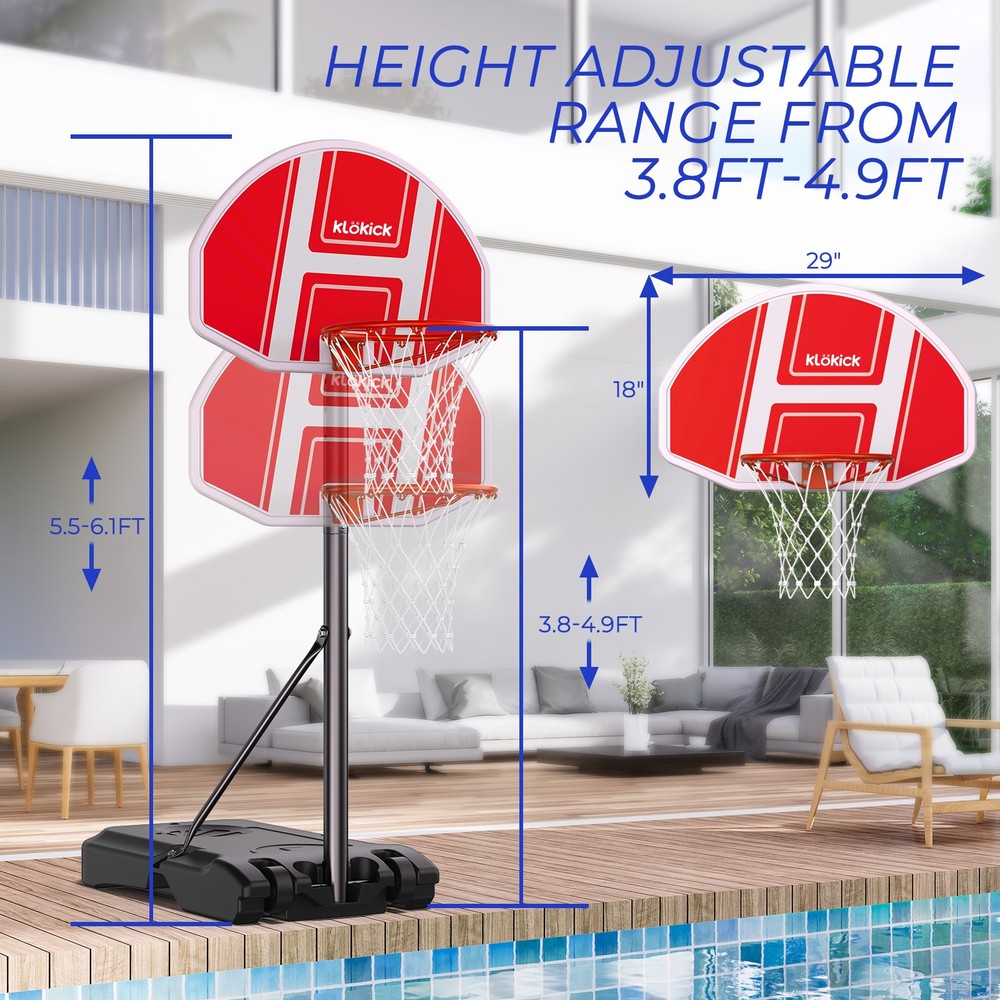 Pool Side Basketball Hoop Adjustable Height LED String Light Swimming Pool Game