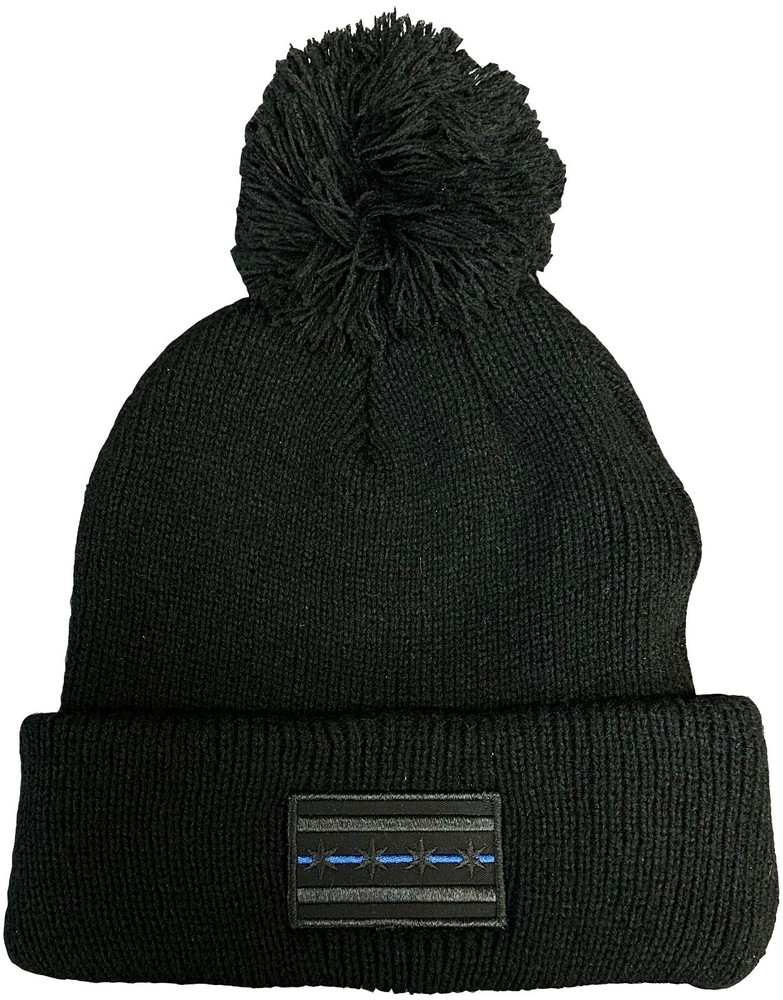 Chicago Flag Blue Line Patch Cuffed Pom Knit Hat Black