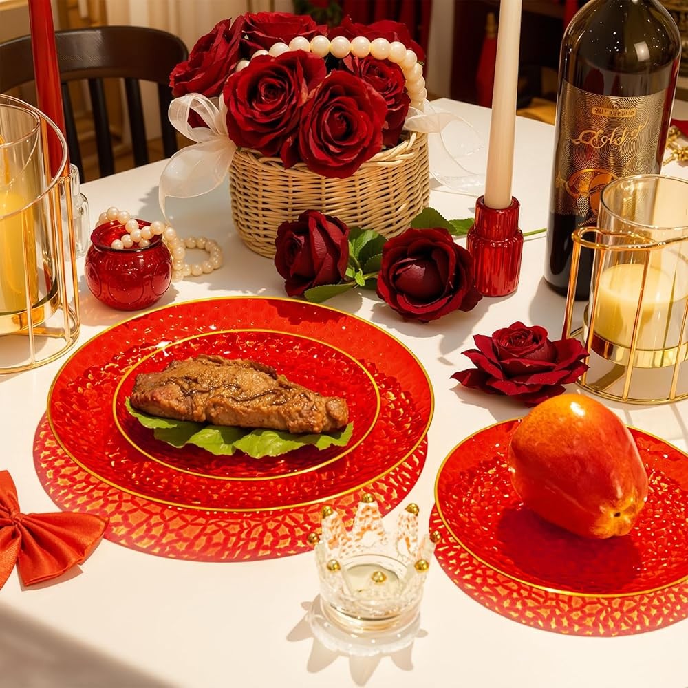 Rubtlp Plastic Dinnerware Set, Oran And Gold Plastic Plates, Hmered