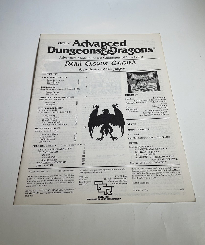Dark Clouds Gather Advanced Dungeons And Dragons Module UK7 9151 1985 TSR