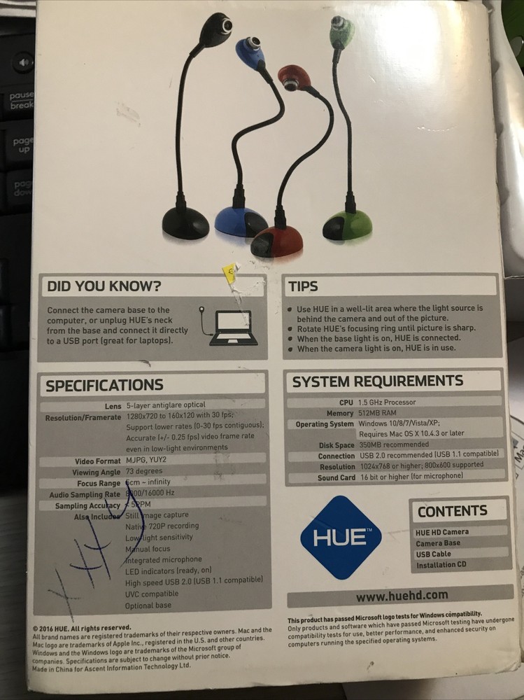 HUE HD Webcam Green USB Video Camera For PC / Mac - Tested & Working COMPLETE