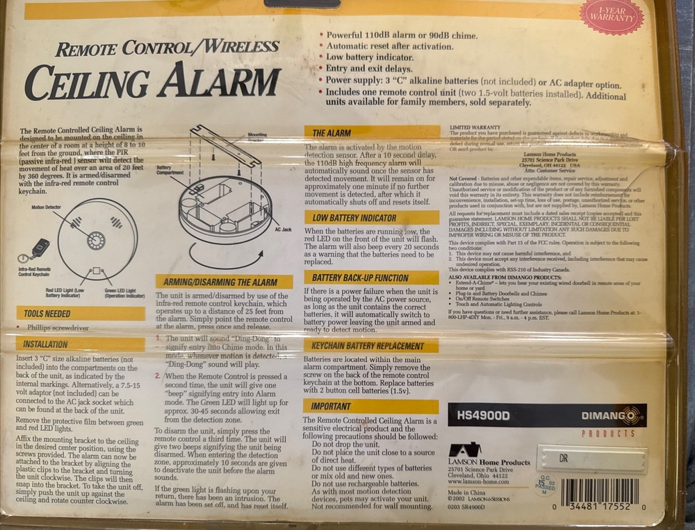 Dimango Motion Sensing Ceiling Alarm With 360 Sensor Remote Control HS4900D