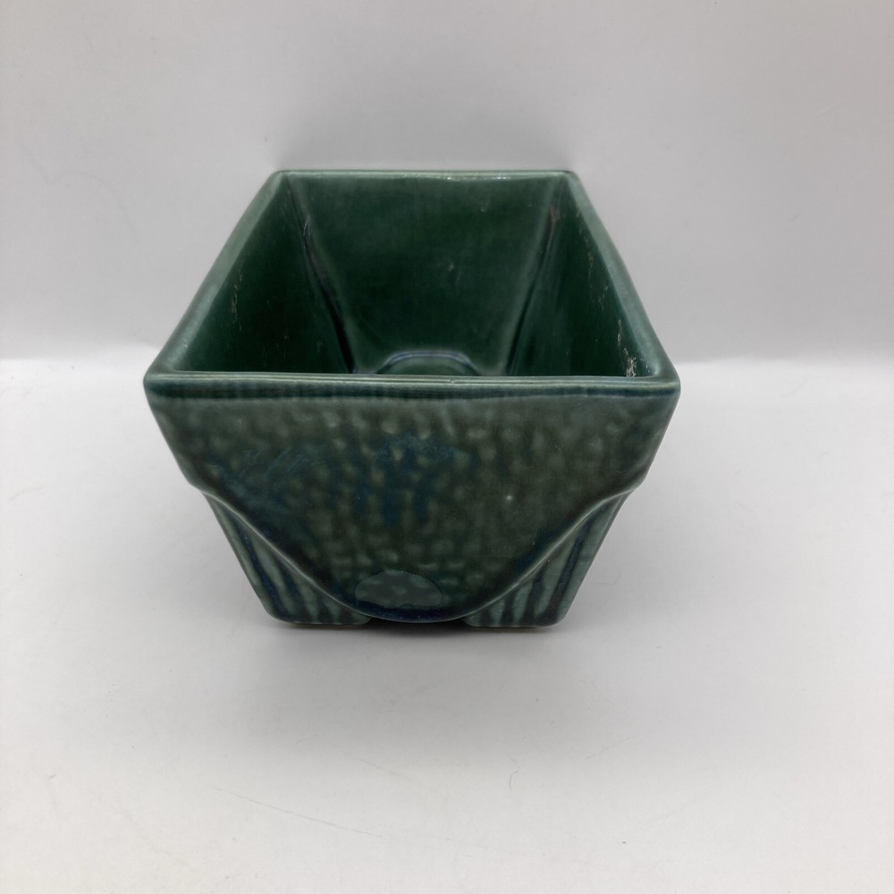 Vintage USA Pottery #75 Rectangular Iridescent Green Planter Footed Embossed