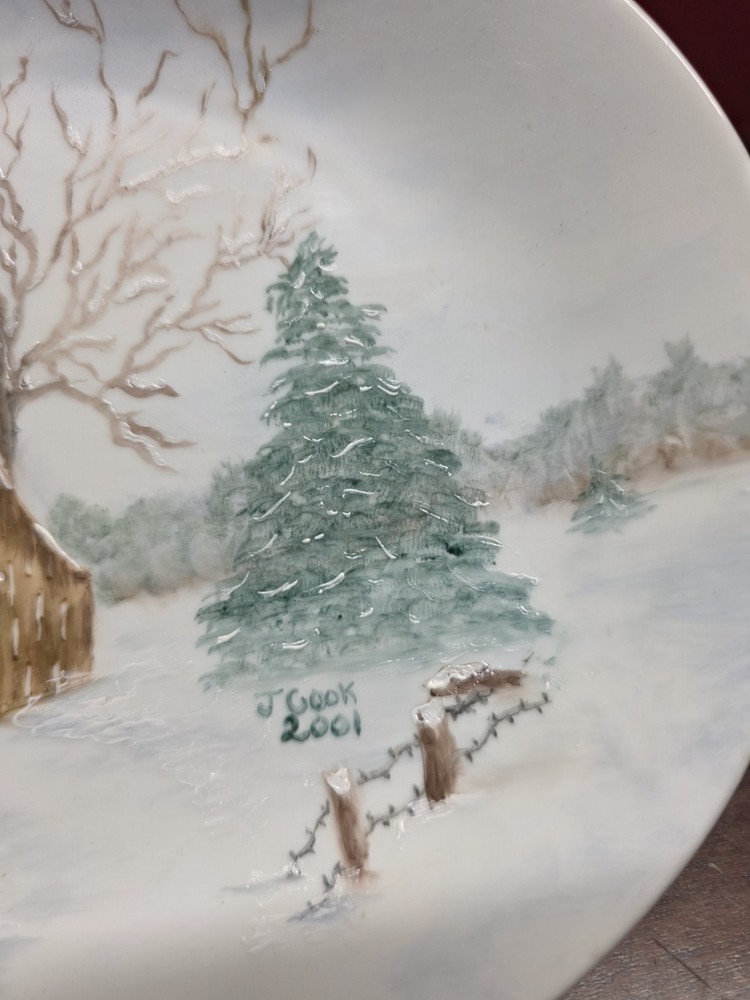 handpainted ceramic oval platter with a winter scene, Signed. Decor