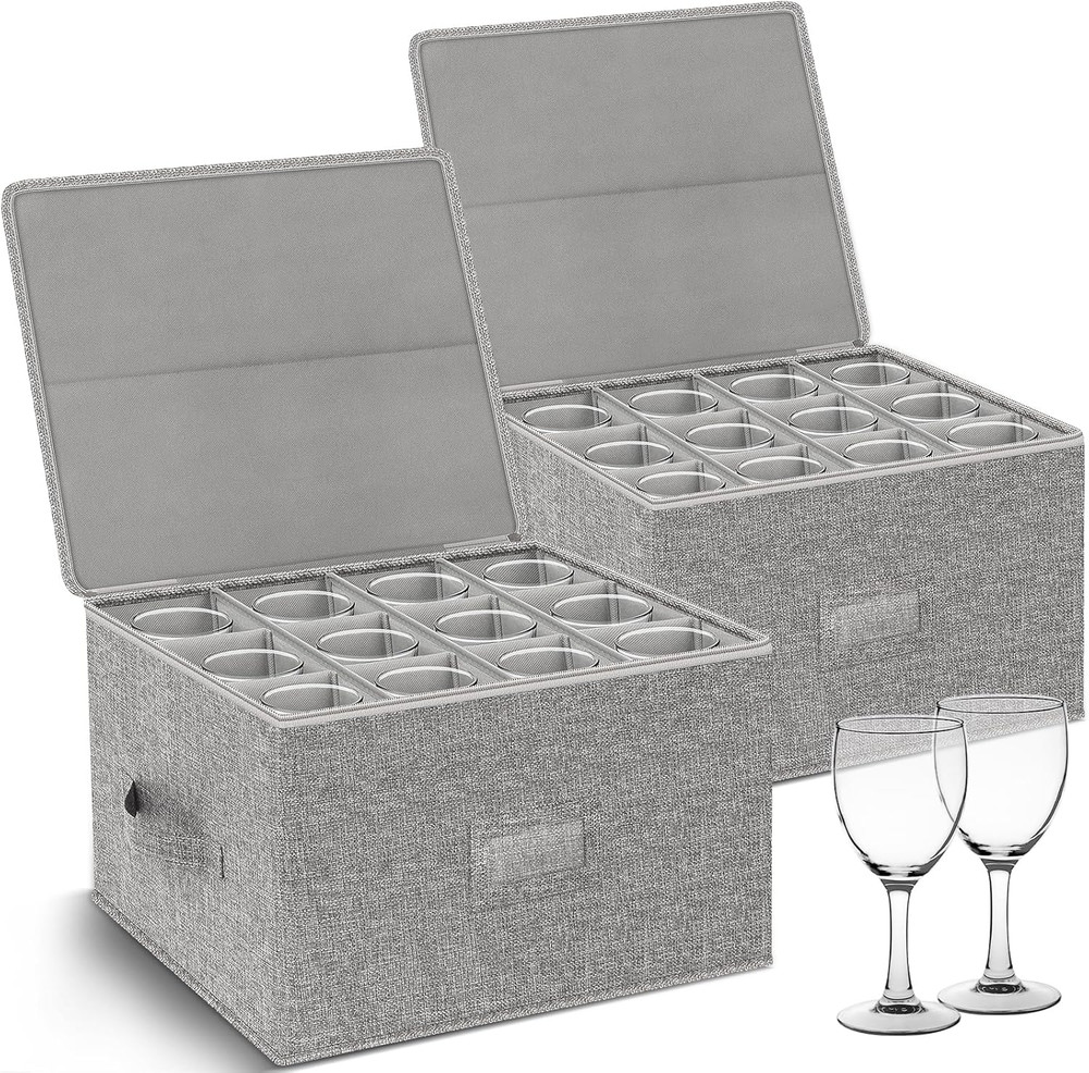 Wine Glass Storage Box 2-Pack, Stemware Container Cases, Stackable W/Hard Shell
