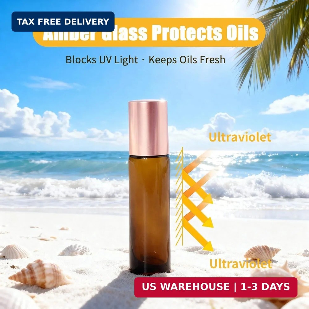 8 Pack Rose Quartz Roller Bottles for Essential Oils, 10ml Refillable Amber Glas