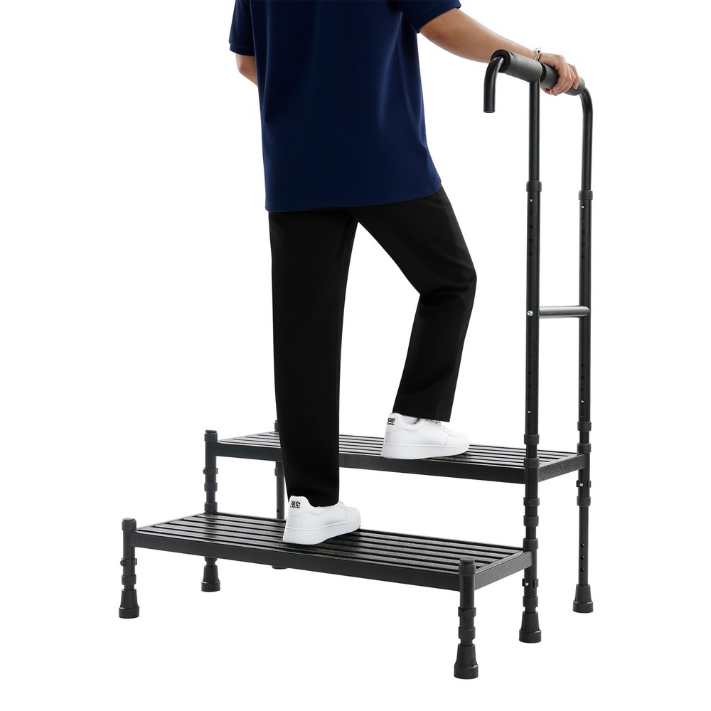 2-Step Stool with Handle, Black Floor Standing Metal Stepping Stool New