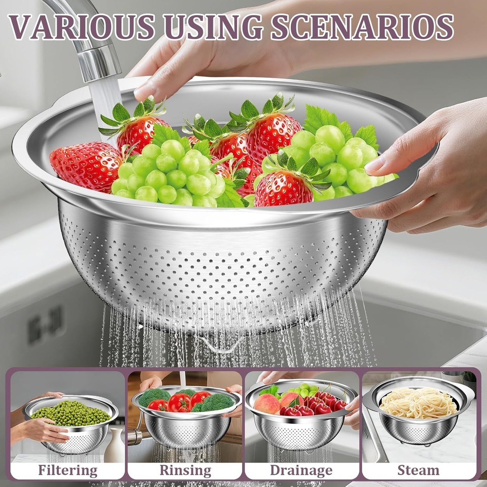 Stainless Steel Colander - 3QT Medium Capacity Strainer with Handle, Kitchen Foo