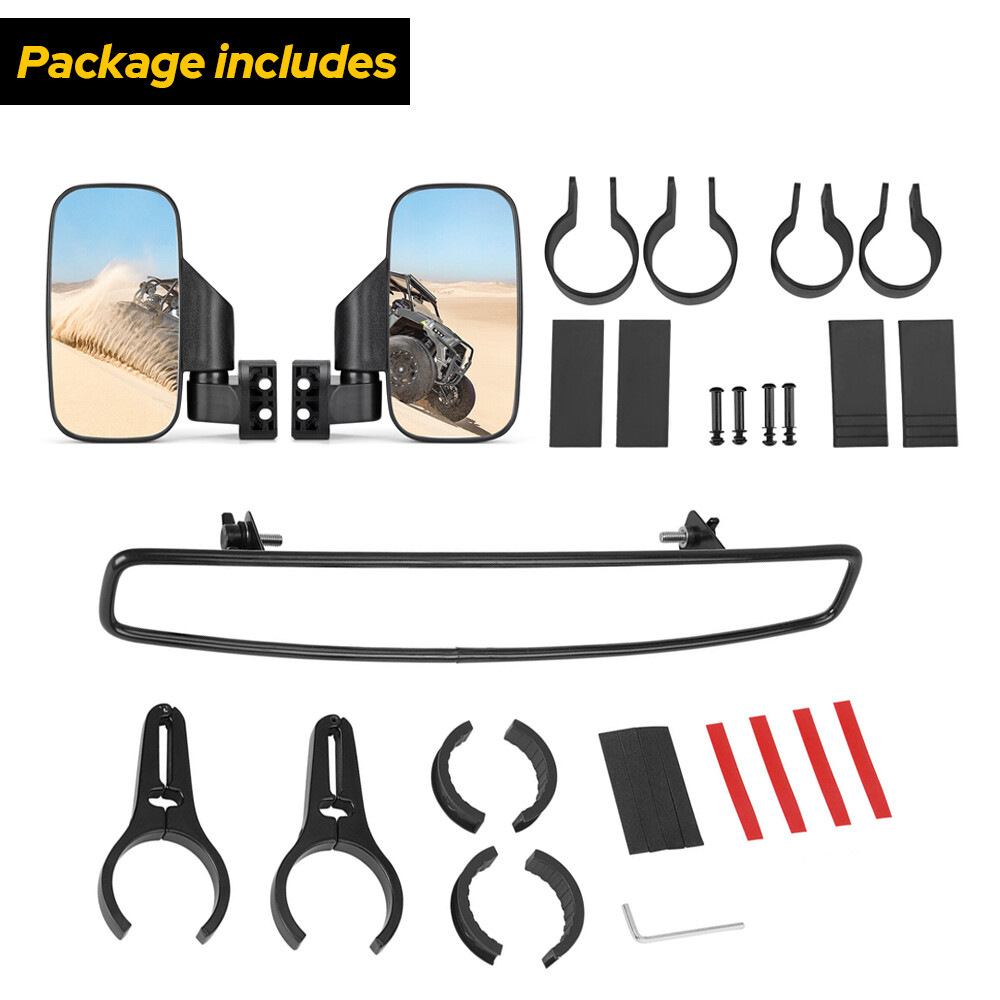 Universal UTV Rear Mirror View Side + Center Mirror Set Adjustable 1.75"-2"