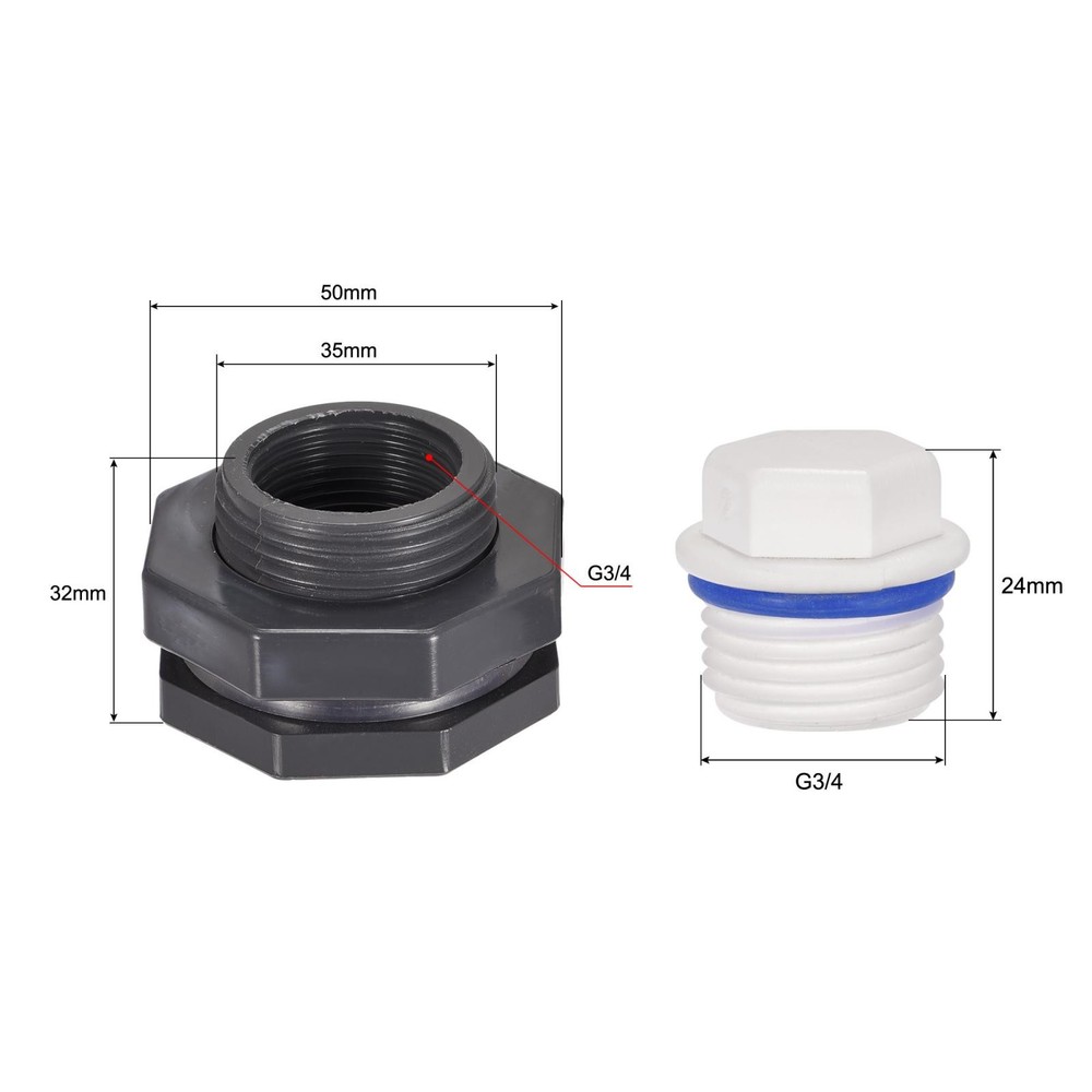 1 Set G3/4 Thread PVC Bulkhead Tank Adapter with White PPR Plug Fitting