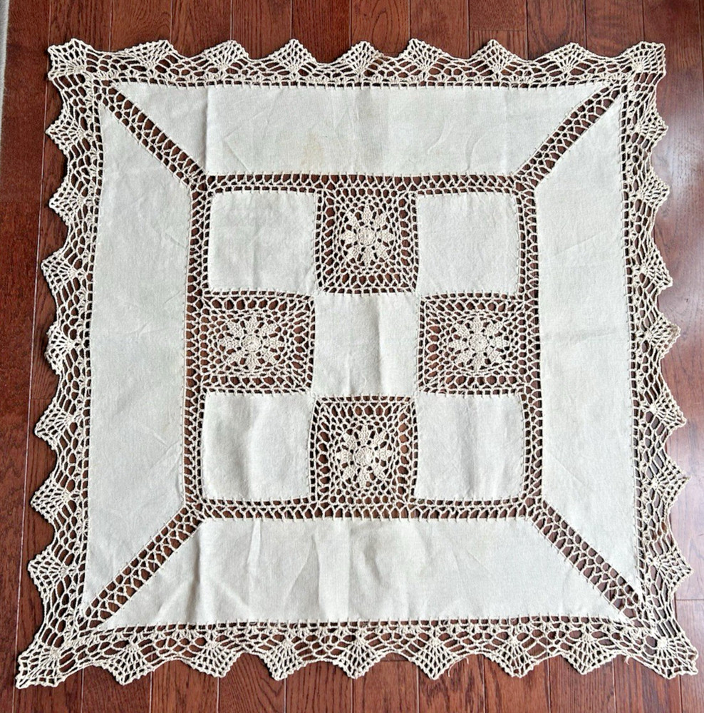 Hand Crocheted Ecru Beige Linen 33" Square Table Topper