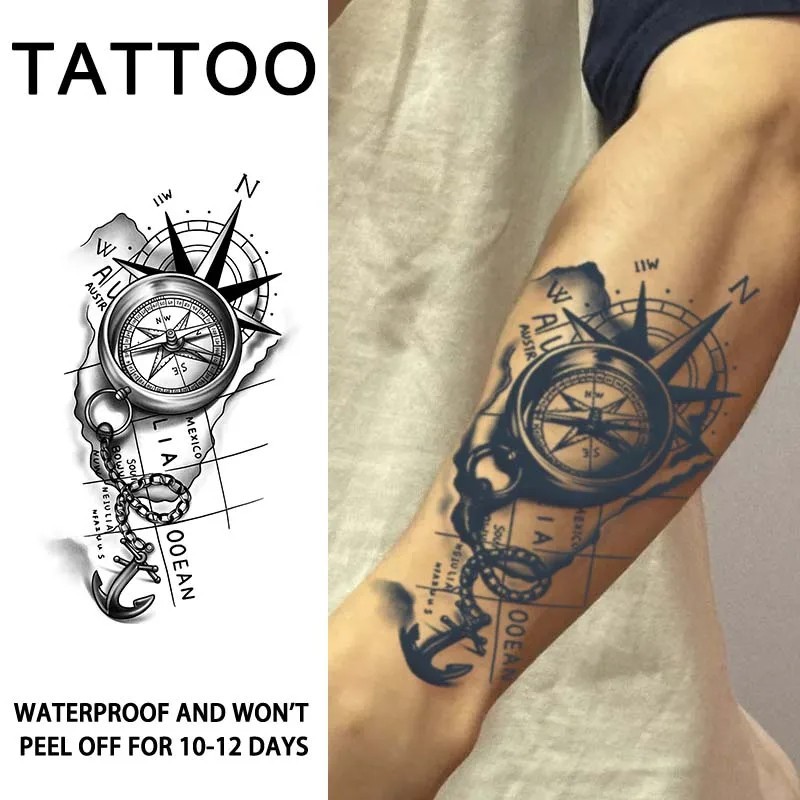 Semi-Permanent Nautical Tattoo Compass & Anchor Realistic Waterproof 2 Weeks