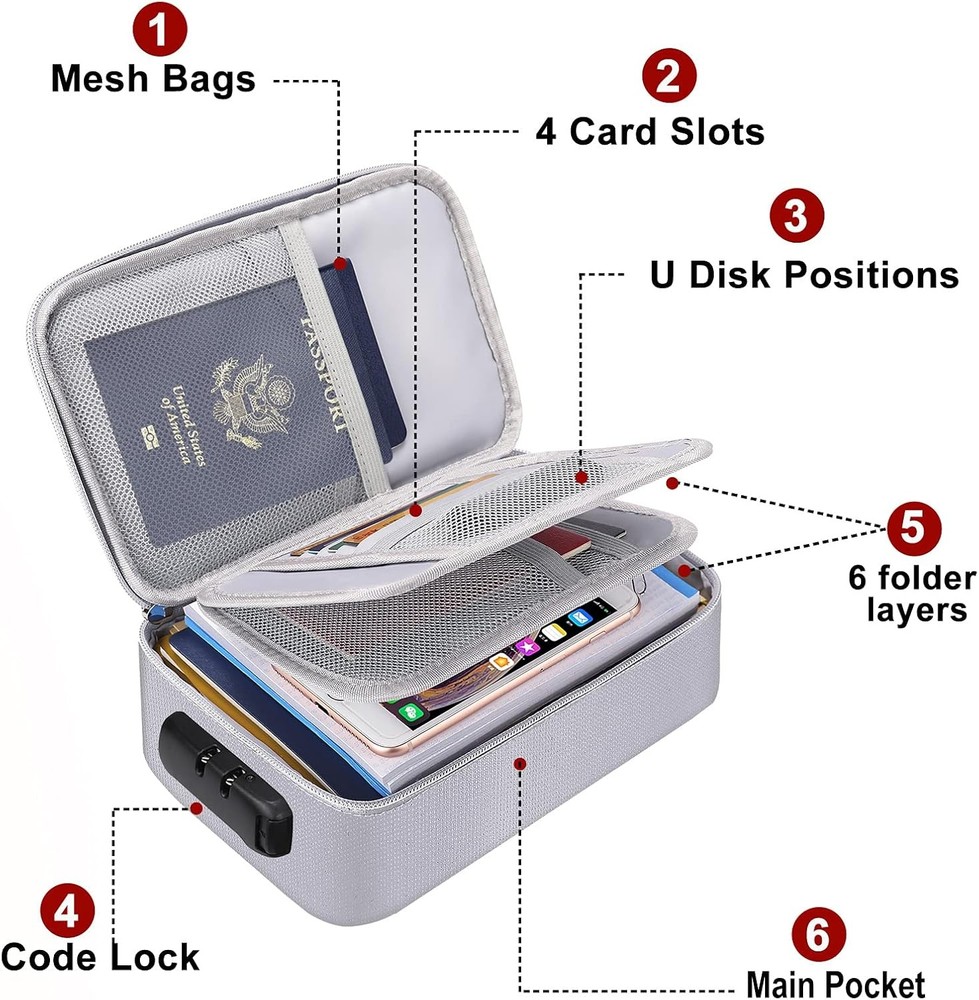 ENGPOW Small Fireproof Storage Organizer Case with Lock(9”x 5.3”x Silver