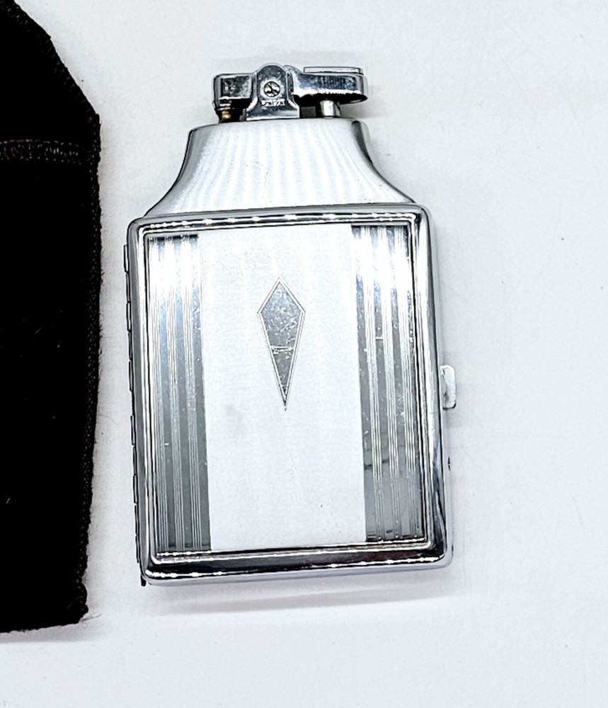 Ronson Cigarette Lighter & Case Combo w Pouch Art Deco Chrome Plated Mastercase