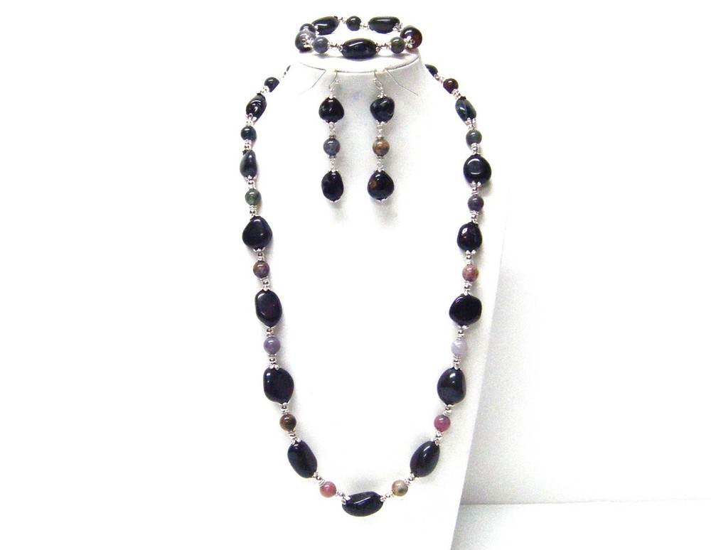 Natural Black Irregular Freeform Gemstone Nugget w/Multi Jasper Stone Bead N/B/E