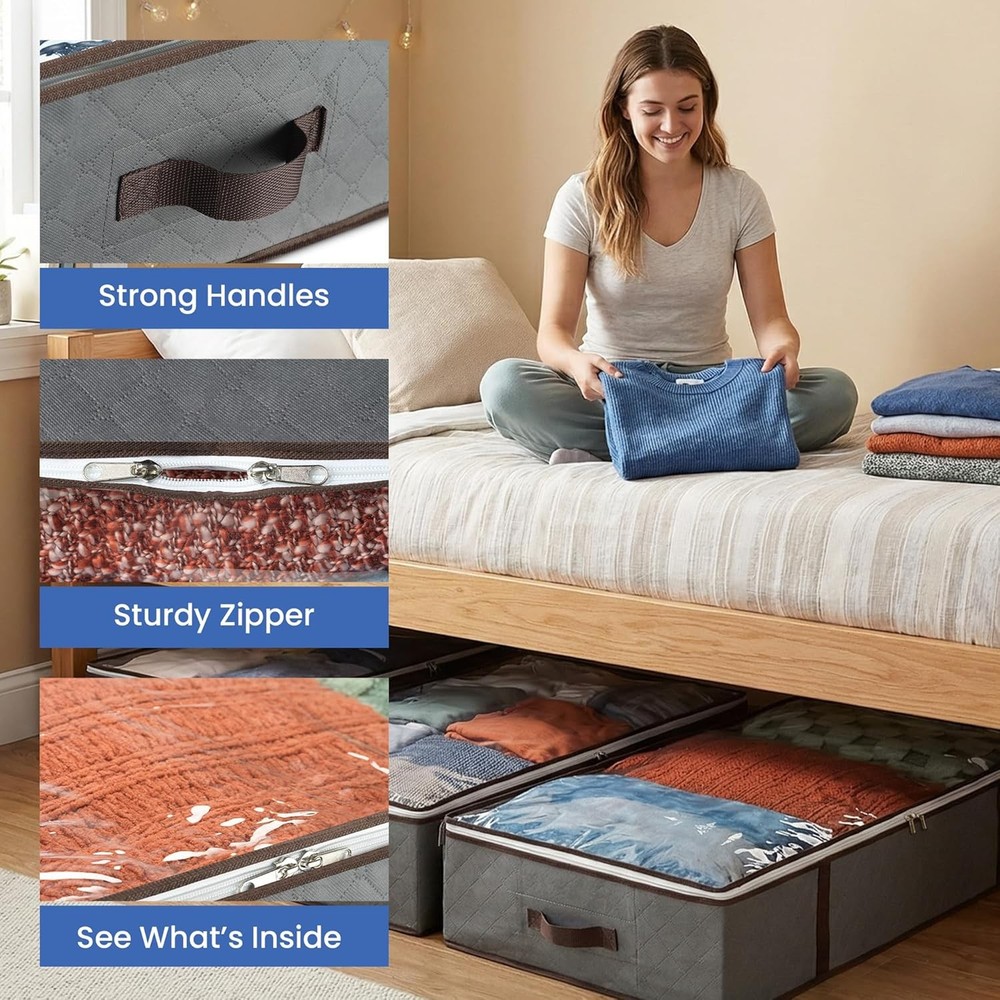 Underbed Storage Bags 4-Pack - Foldable Under Bed Storage Organizer for Clothes,