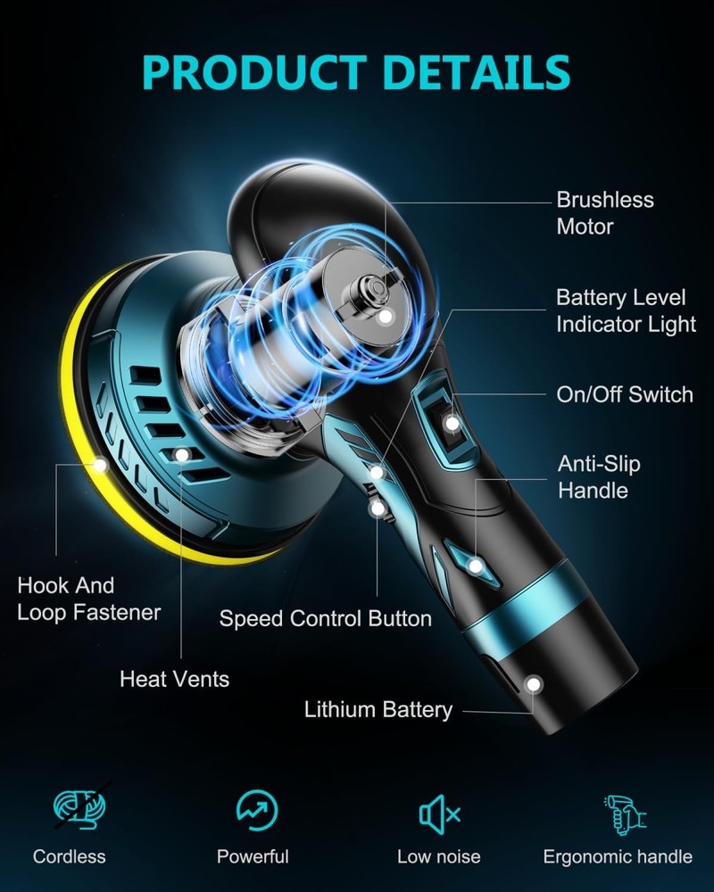 Lightweight Cordless Buffer Polisher - 50W Power and Customized Speed Settings