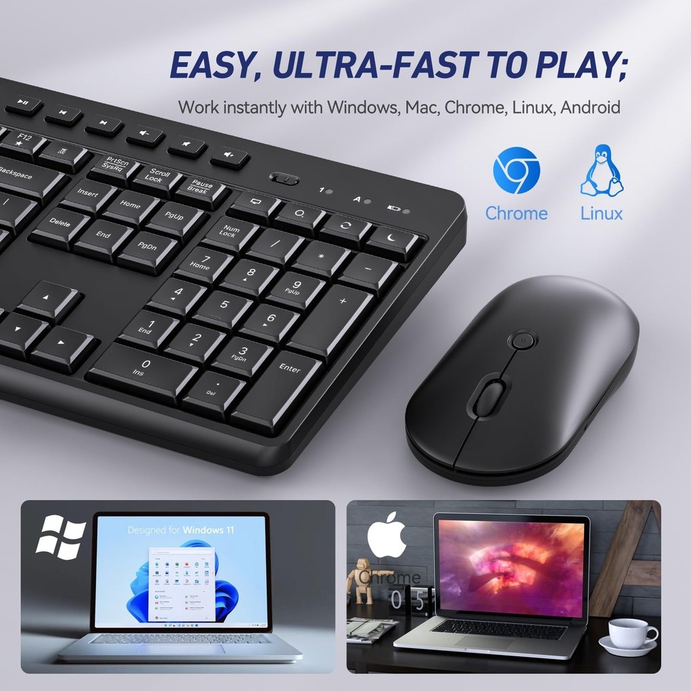 Wireless Keyboard and Mouse Combo, Acebaff 2.4G Quiet Wireless Computer Keybo...