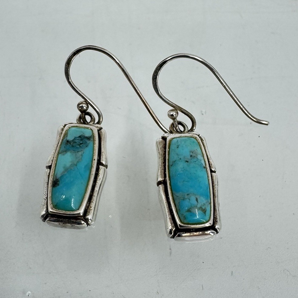 Sterling Silver Turquoise Rectangular Dangle Earrings 1” 3.3g