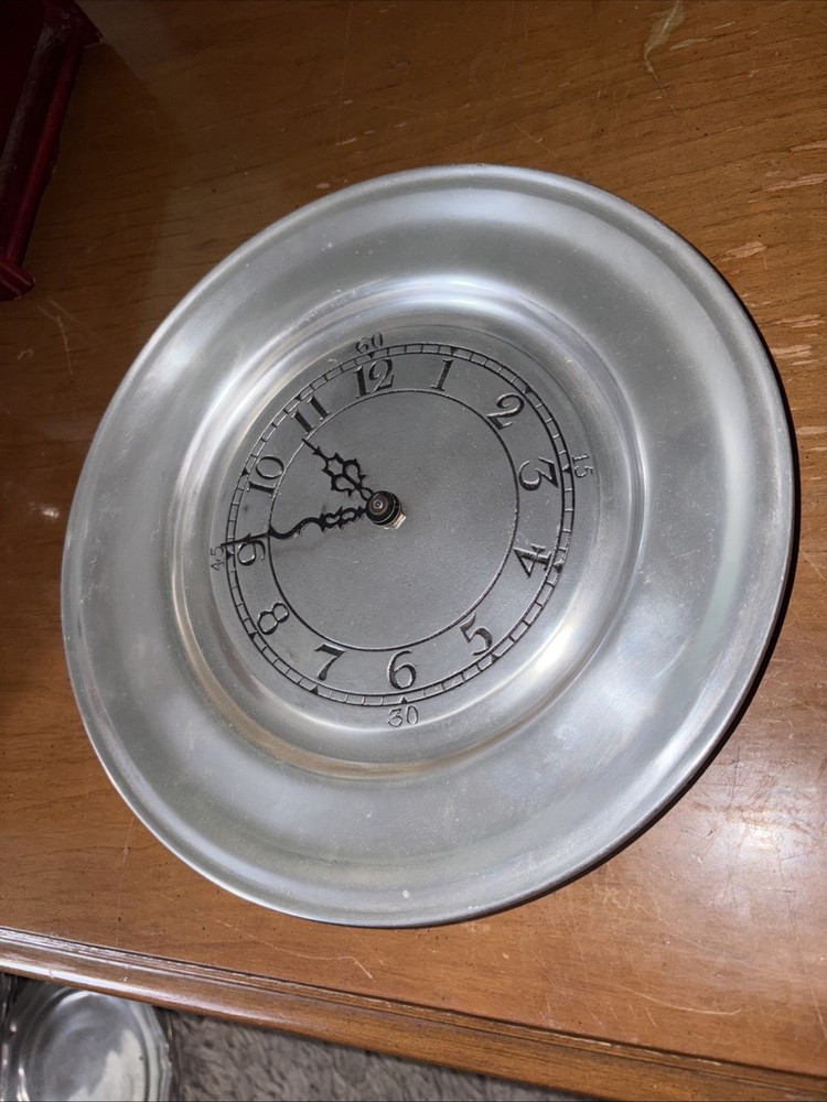 Vintage 10” Pewter Plate Wall Clock WORKING