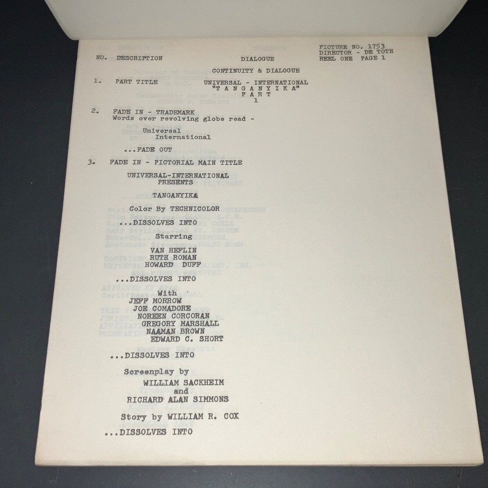 TANGANYIKA (4/22/54) Orig. UNIVERSAL FILES Continuity & Dialogue Script + COA!