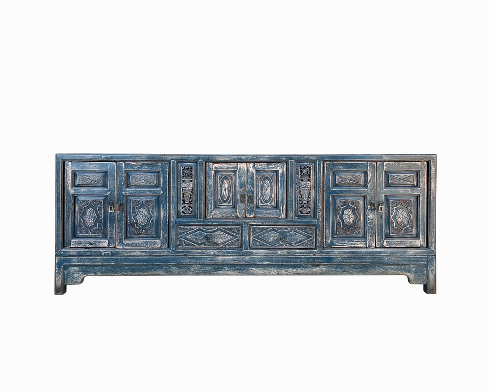 Chinese Distressed Dark Blue Vases Pattern TV Console Table Cabinet cs7738