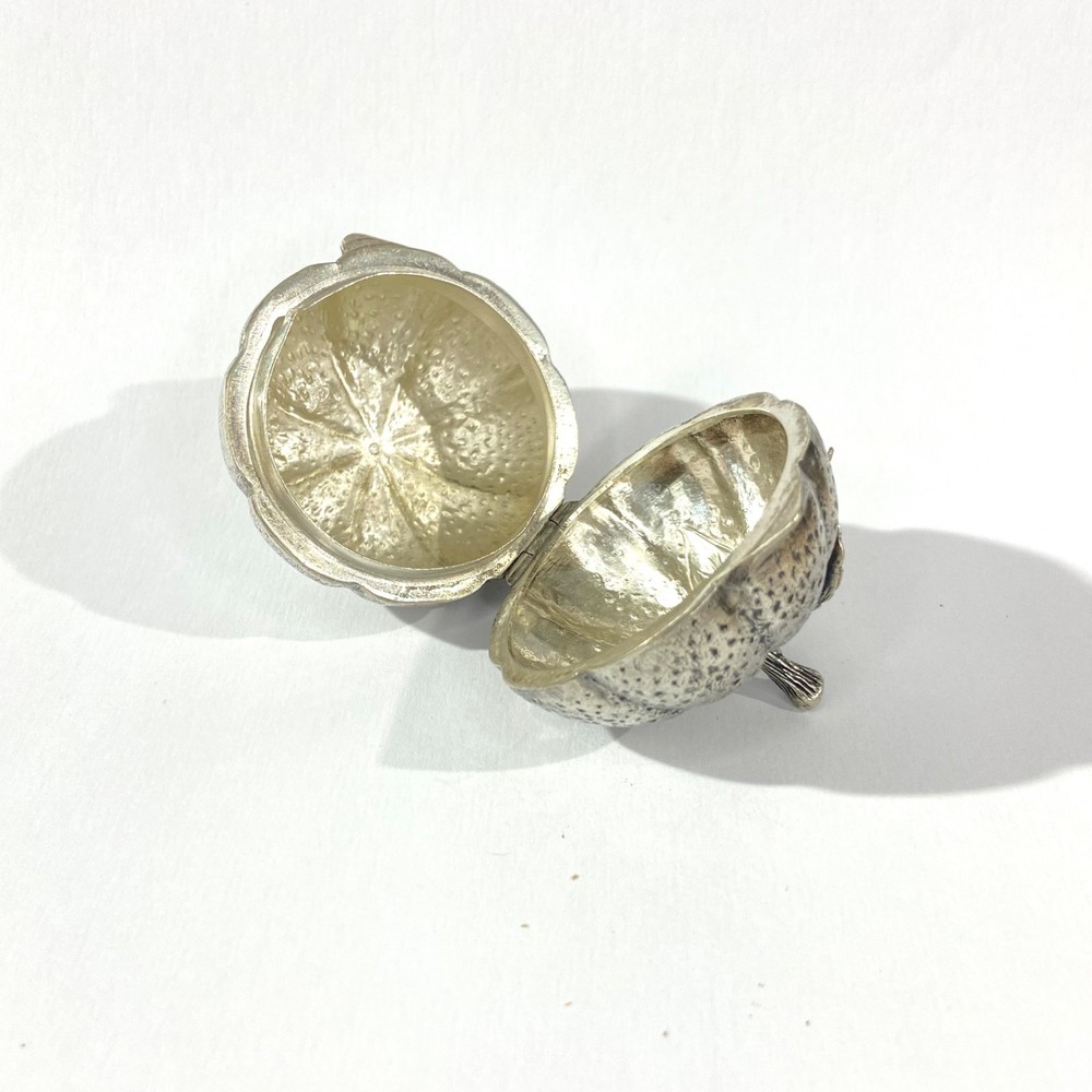 Vintage Italian Pumpkin shape Solid Silver Pill Box , hallmarked pillBox