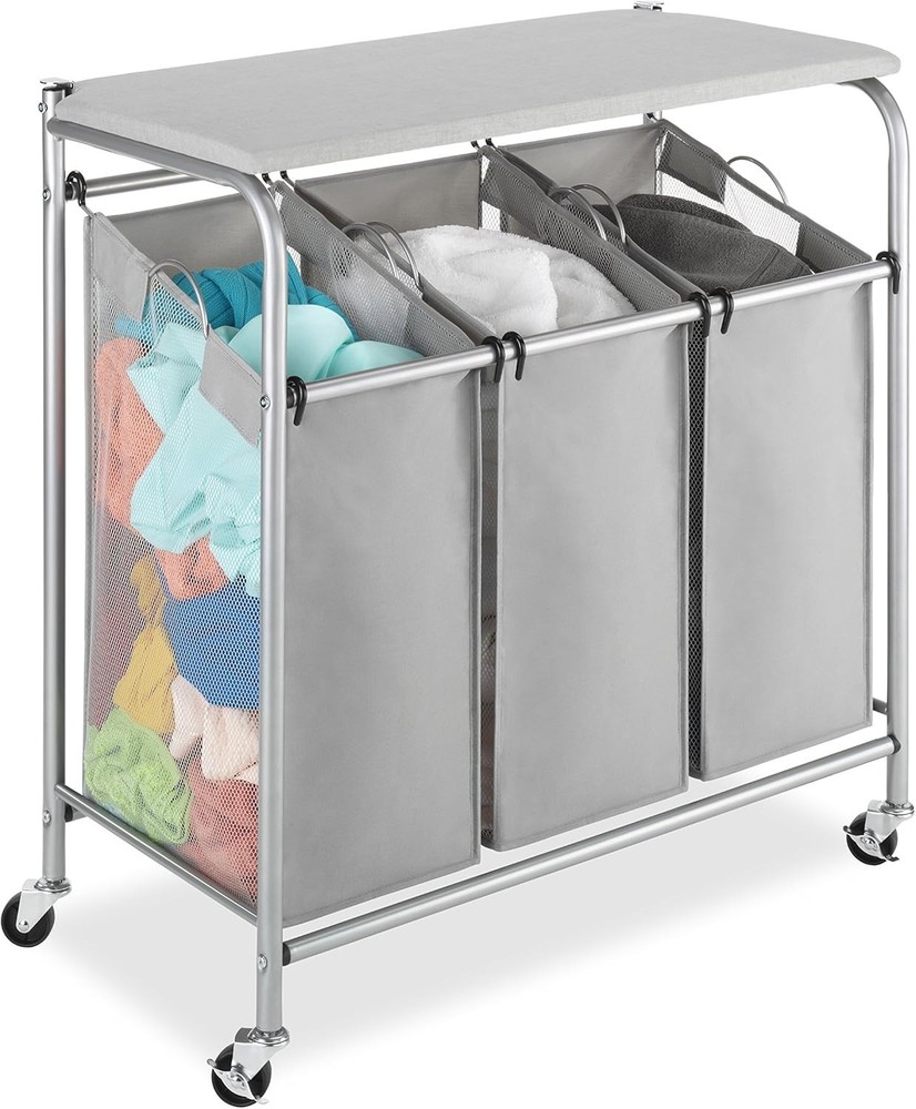 3 Section Rolling Laundry Sorter with Ironing Board