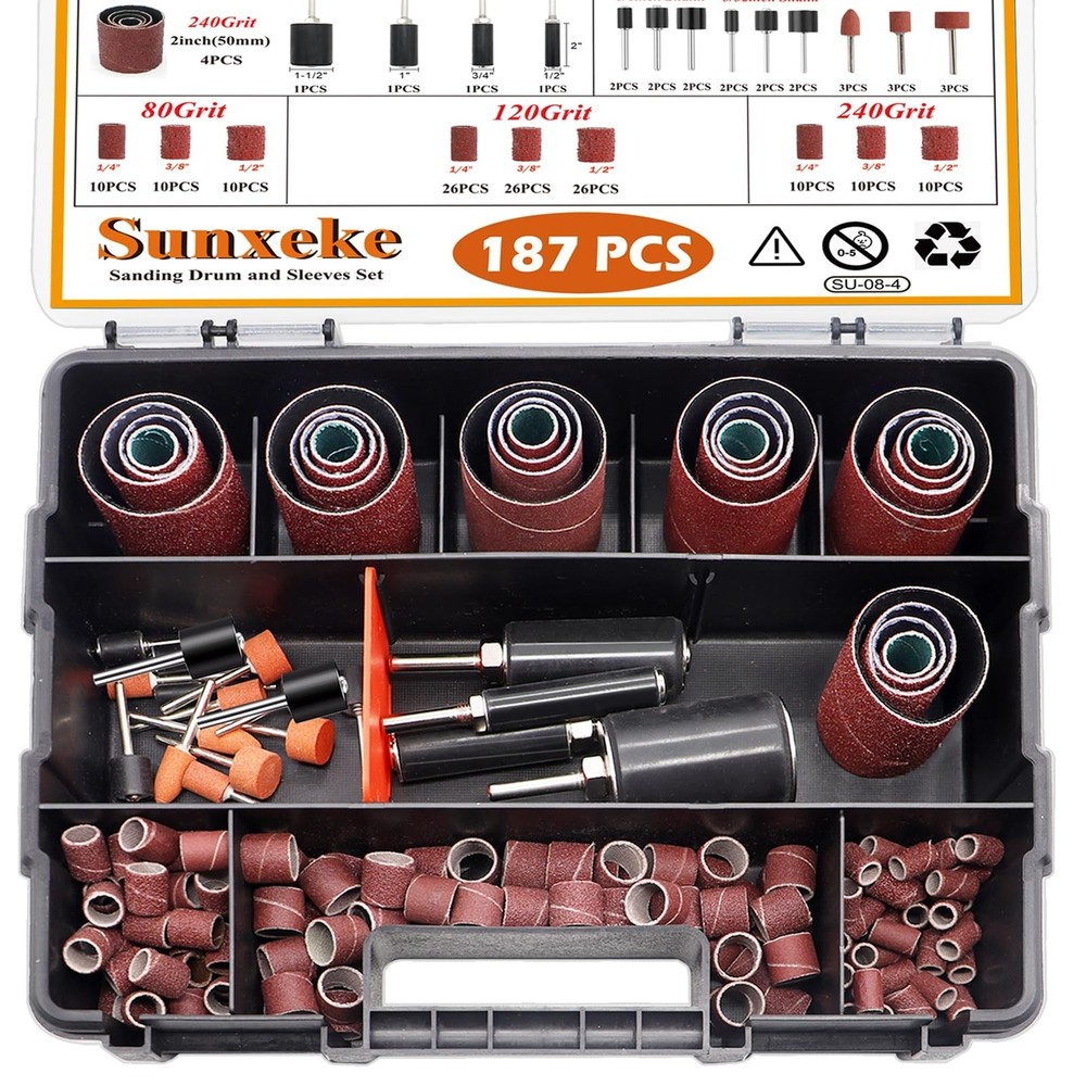 187-Piece Sanding Drum Kit for Drill & Drill Press – Includes 2inch Spindl