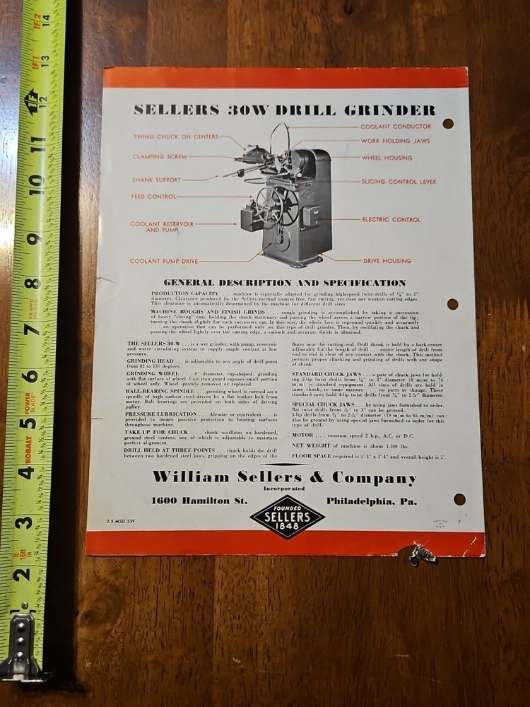 SELLERS MODEL 30W DRILL GRINDER CATALOG MACHINE
