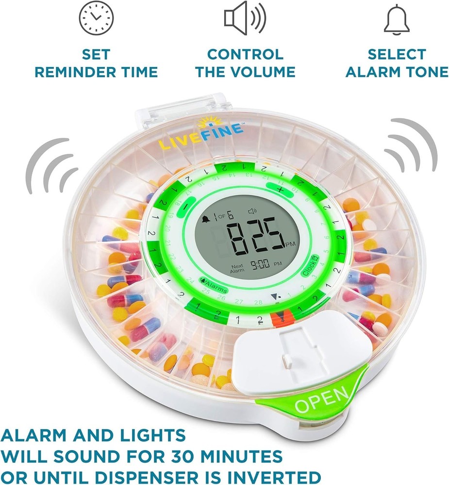 Automatic 28-Day Medication Organizer with Adjustable Sound and Visual Alarms