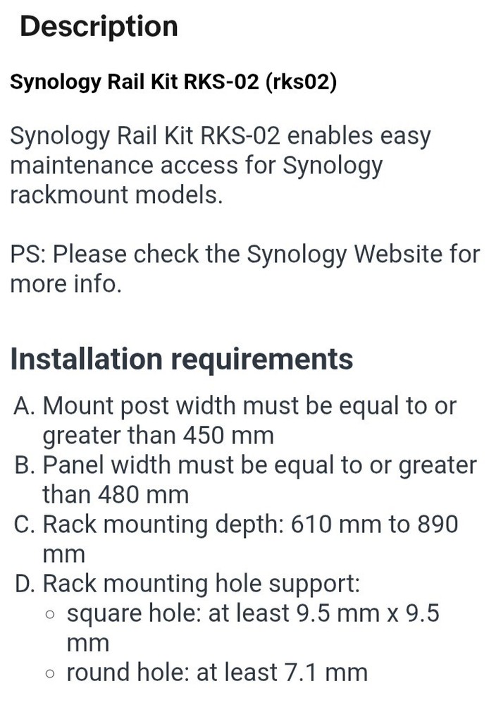 Synology Sliding Rack Rail Kit for Rackmount Servers RKS-02