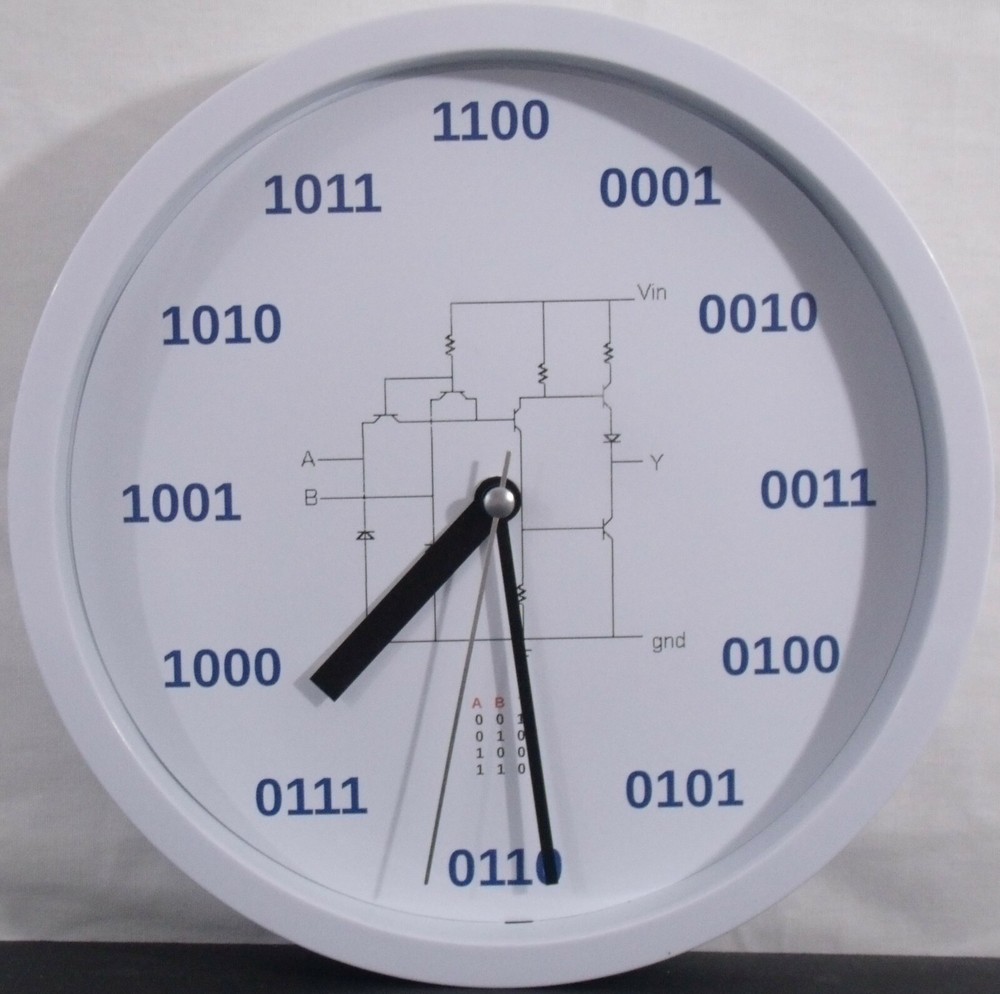 Geek Clock Analog Clock with binary numbers, NAND circuit, truth table