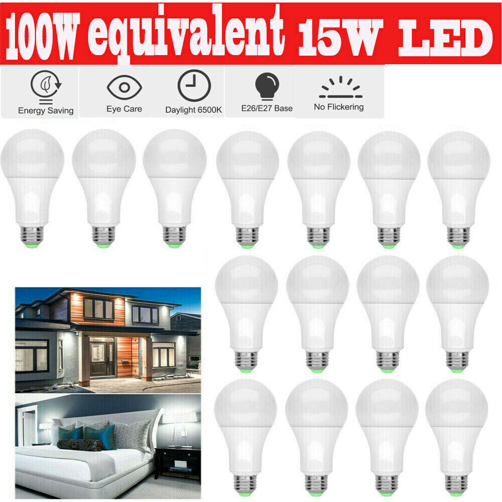 16PCS LED Light Bulbs 15W/100W Daylight A19 6000K E26 Replacement Lamp