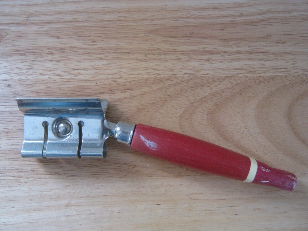 Vintage EKCO A&J Pull-Through Kitchen Knife Sharpener with Red Wooden Handle