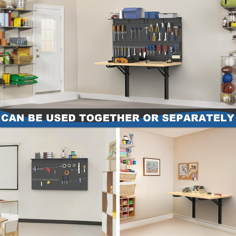 Wall Mounted Workbench with Pegboard, Folding down Work Table Metal Pegboard Wal