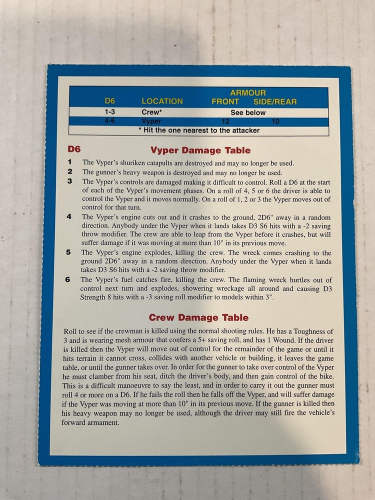 Games Workshop Eldar Vyper Vehicle Data Card Warhammer 40K Accessory Sheet